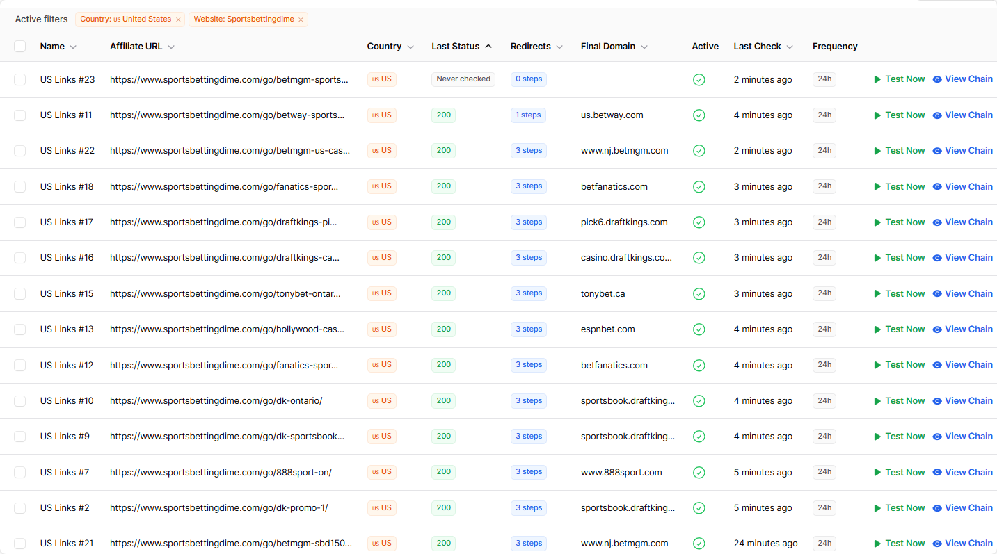 Affiliate Link Checker Dashboard - Click to enlarge