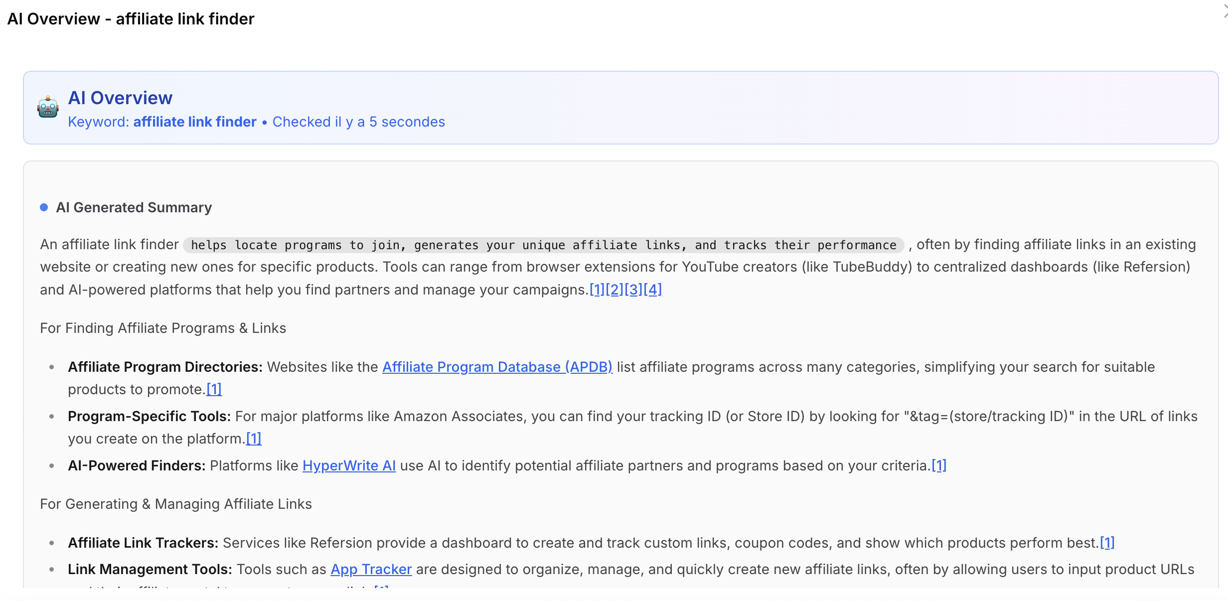 AI Overview Tracking Interface - Click to enlarge